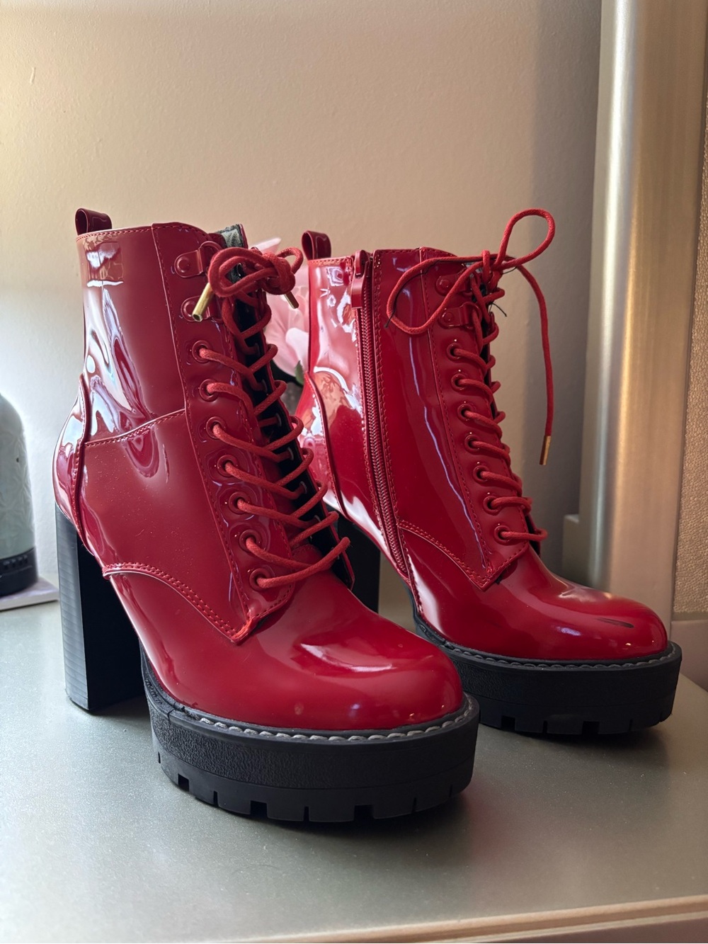 Glossy Red Patent Lace-Up Platform Boots with Chunky Heel